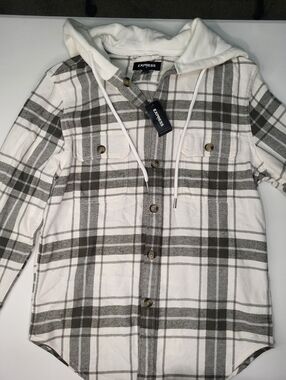 Express Cream & Gray Plaid Hooded Utility Shacket
